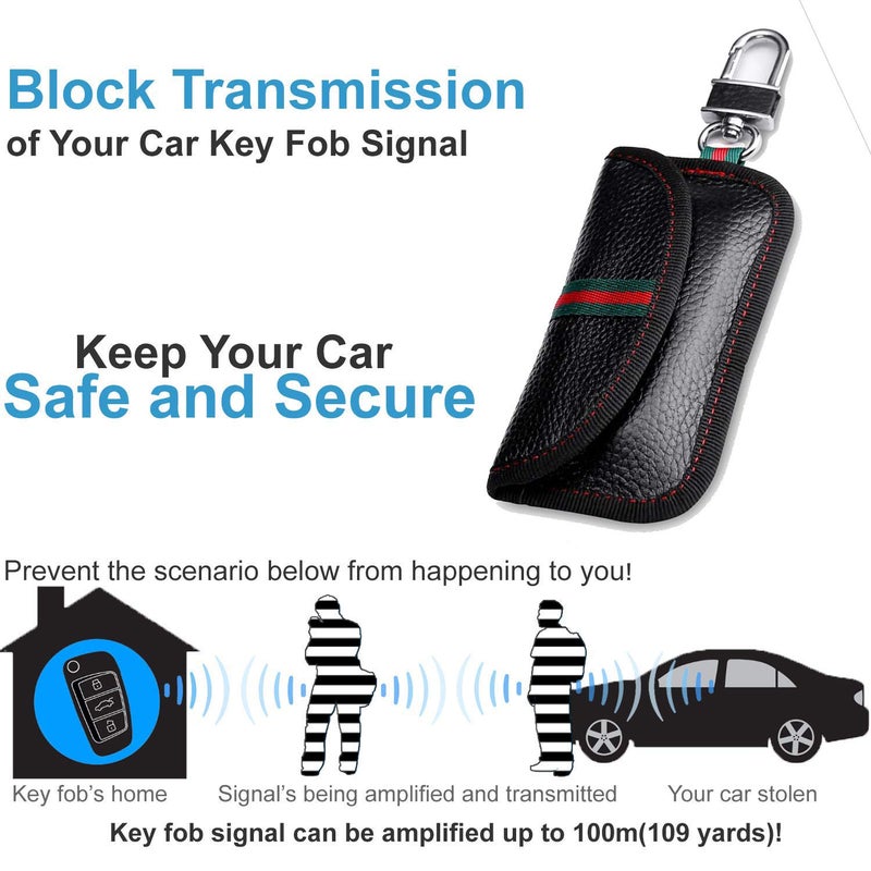 VAWcornic 2 حزمة حقيبة فاراداي، جلد حقيقي حقيبة حجب إشارة RFID، حقيبة مفتاح حجب الإشارة لسيارة الأمان، حماية ذكية ضد السرقة للدخول عن بُعد - 2 قطعة سوداء - Image 2